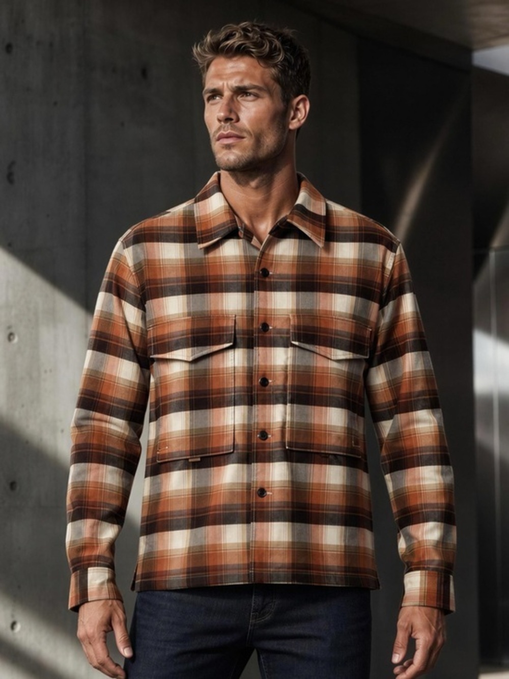 Men’s Angler Long-Sleeve Flannel Plaid Shirt - Brown and Cream